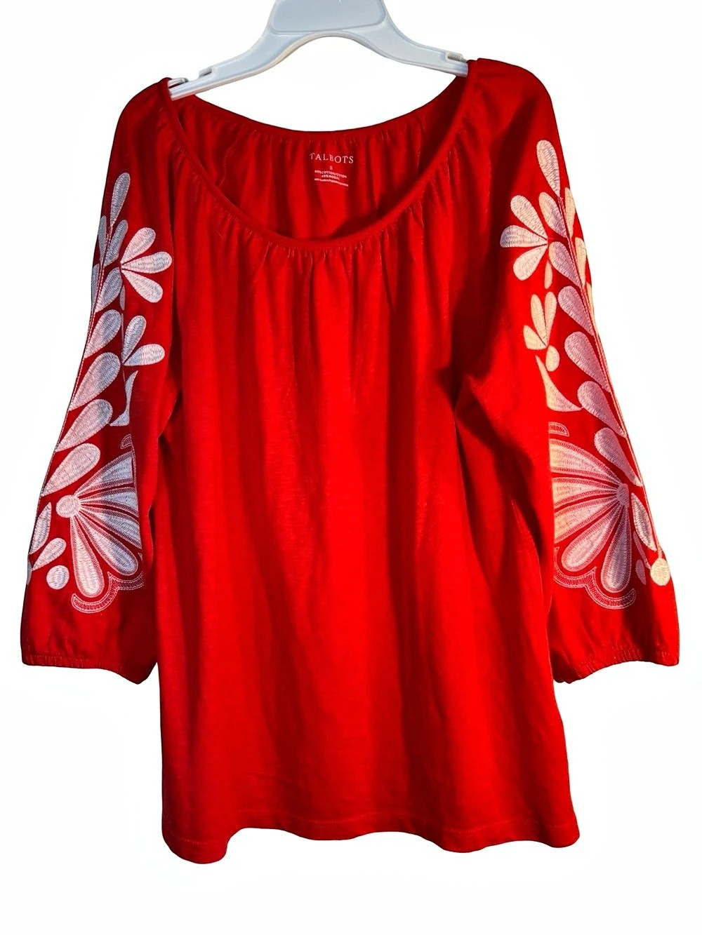 Talbots Embroidered Sleeve Top Floral Blouse in Red